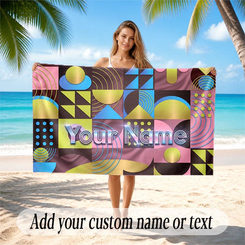 Abstract Geometric Theme Soft Beach Towel Personalized Custom Name Text Towel Portable for Beach Pool Travel