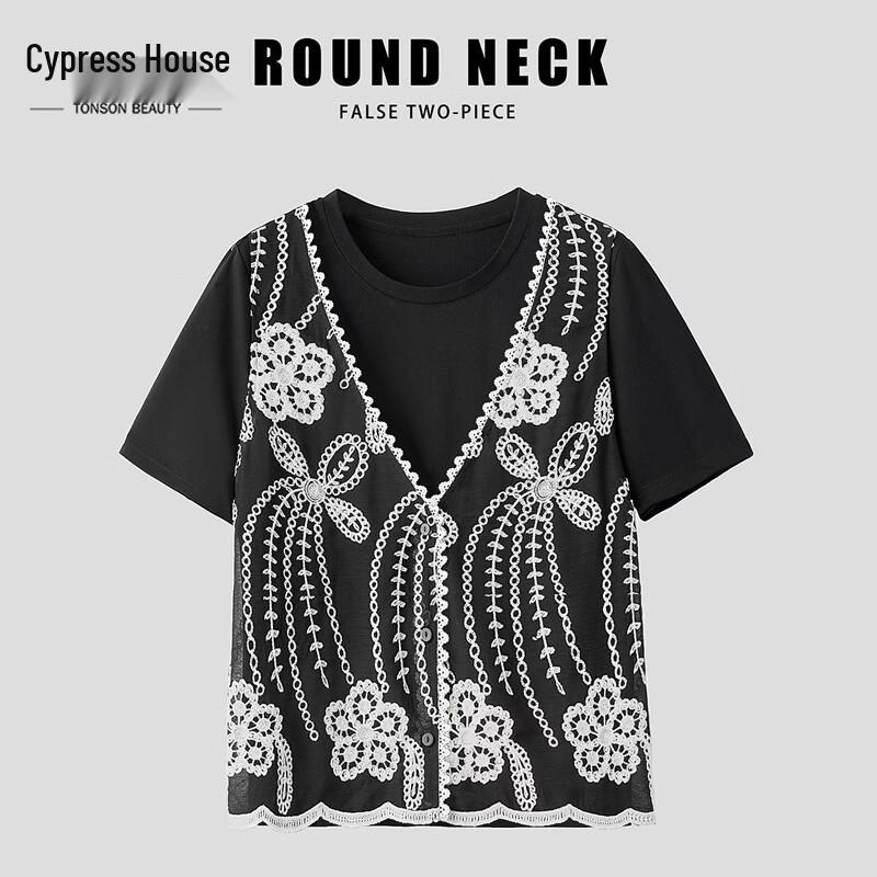 Women s Round Neck Lace Patchwork T-Shirt L