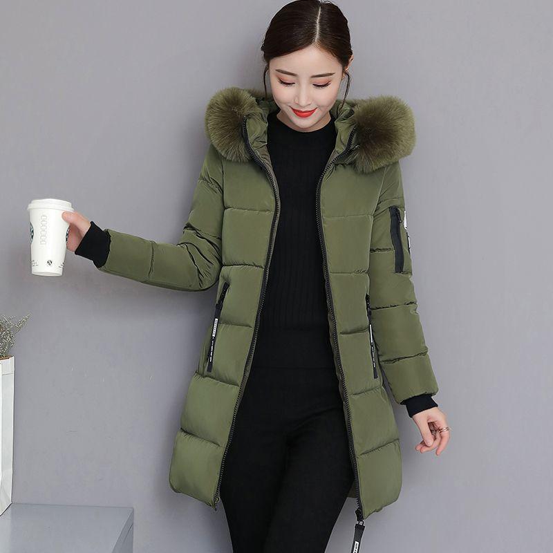 Women Winter Outwear Korean Big Fur Collar Down Cotton Parka Women Slim Mid-Long Fashion Overcoat Warm Thick Wadded Jacket Coat