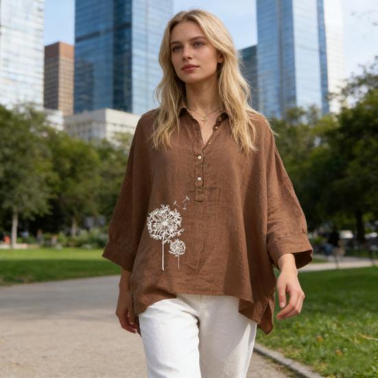 Women Shirt Lapel Buttons Half Placket Batwing Long Sleeve Shirt Tops Loose Fit A-Line Dandelion Print Casual