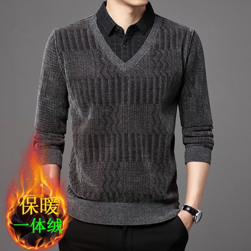 Middle-aged Men's Velvet Thickened Shirts Elderly Winter Clothes Fake Two-piece Base Shirts Men's Warm Sweaters
