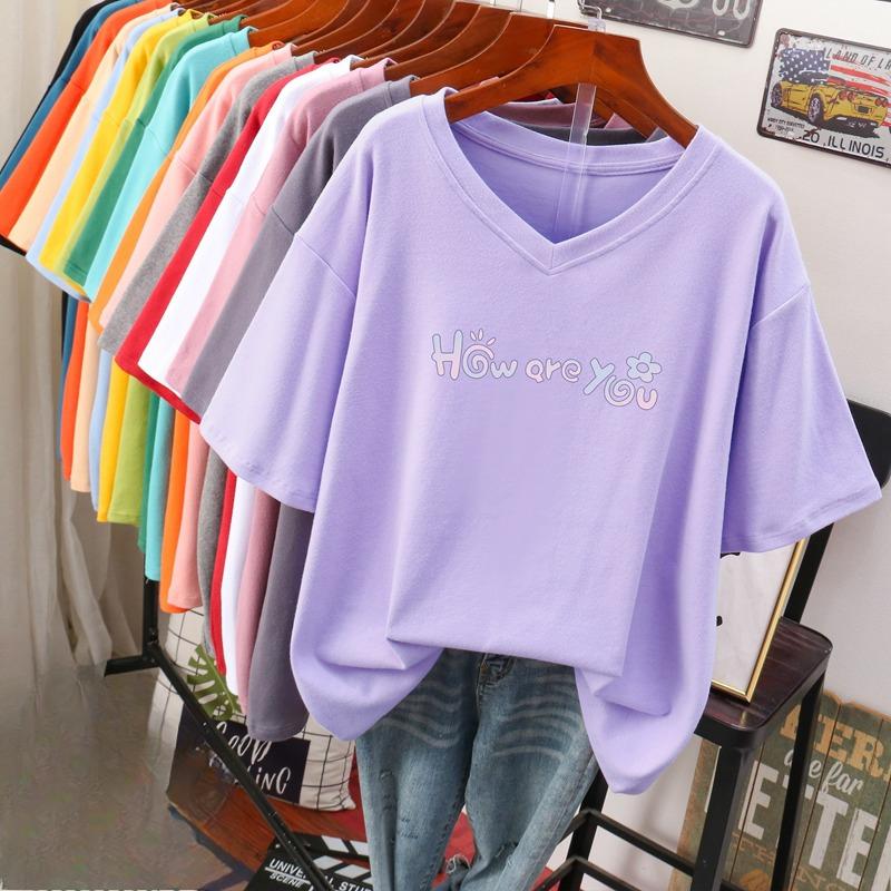 Camiseta de manga curta, Solta, Top V-neck Estampado Emagrecedor para Mulheres