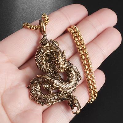 Retro étnico chinês zodíaco dragão pingente cor de ouro colar masculino e feminino estilo punk jóias presente