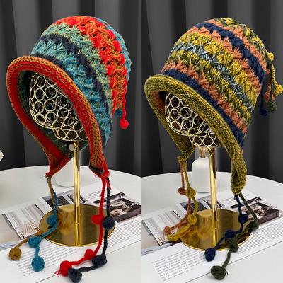Handmade Crochet Ear Protection Woolen Hat for Women In Autumn and Winter with Colorful Tassel Ball Pullover Cold Hat Knitted Lei Feng Hat