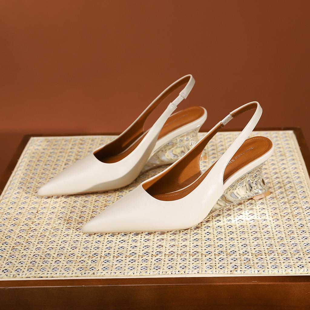 Fashion Luxury Wedges Silver Sandals Woman Slingback Block High Heels Shoes Ladies Office Rear Strap Sandalias Pointed Toe Tacones Mujer