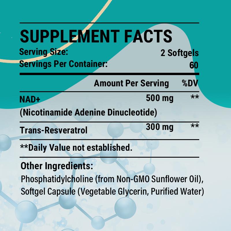 NAD+ 500 mg Nahrungsergänzungsmittel, Mit Trans-Resveratrol, 120 Weichkapseln pro Flasche