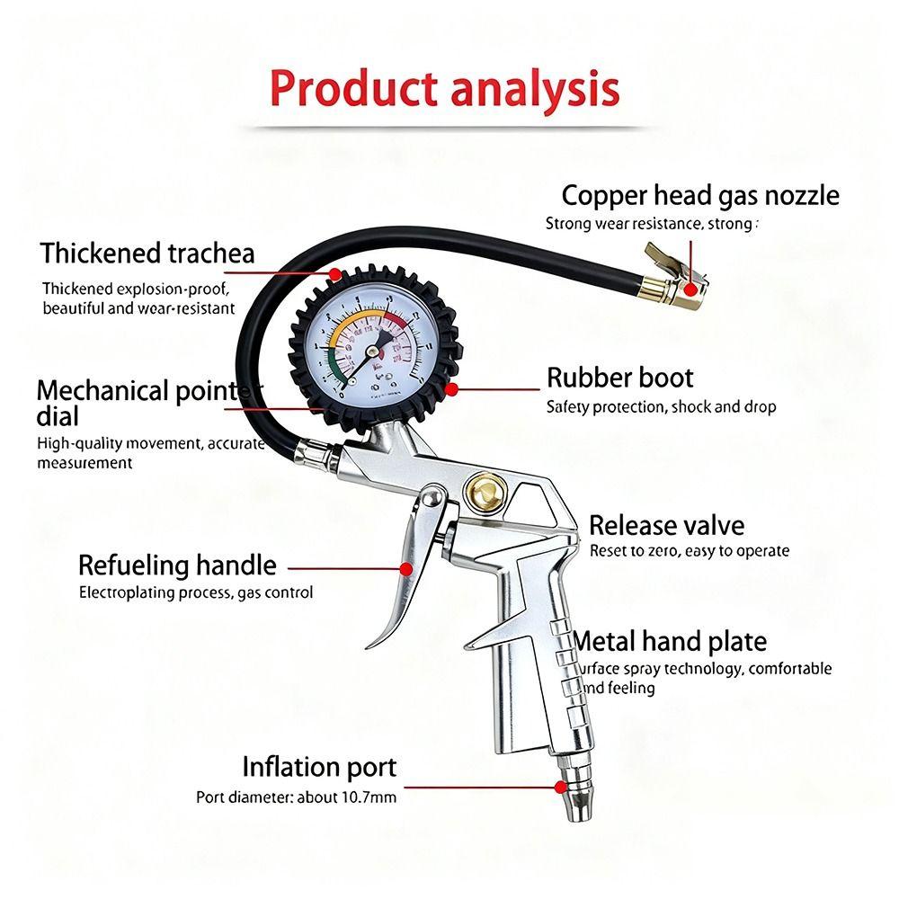 Dial Meter Tire Inflation Gauge Tire Repair Pressure Monitoring Tester Inflator Pump  Motorcycle