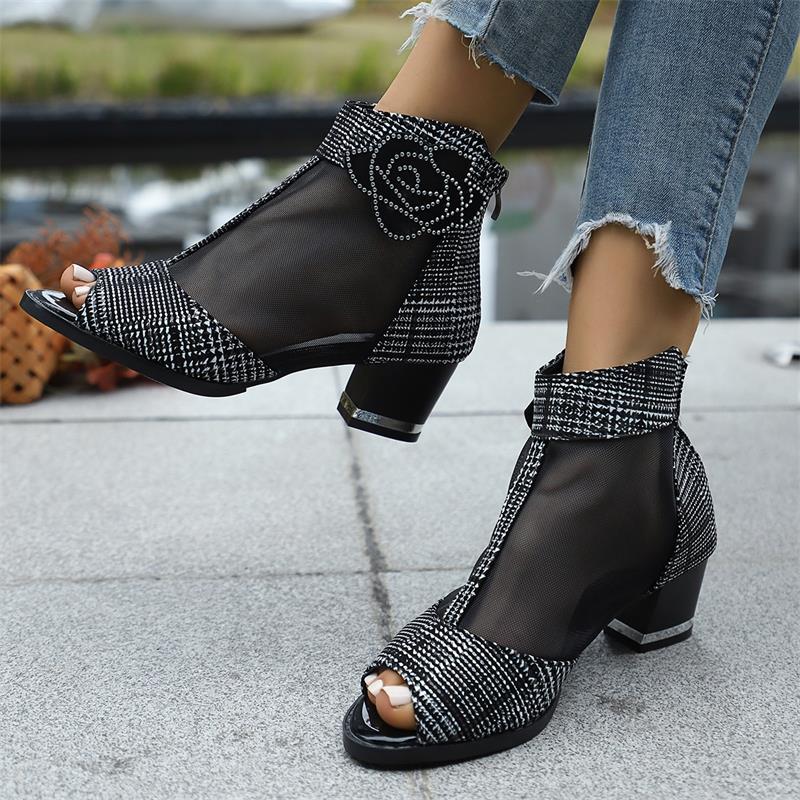 Mode 2025 Übergröße Mesh Damen Zehenfreie Stiefel Kristall Floral Reißverschluss hinten Knöchelsandalen Stiefel Stilvoll Retro Sommer Modern Klobige Absätze