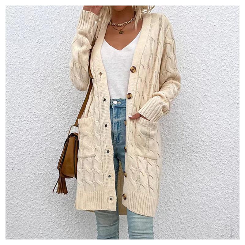 Solid Color Twisted Knit Long Cardigan with Single Buttons, New Vintage Style Pocket Sweater for Women, Suitable for Autumn And
