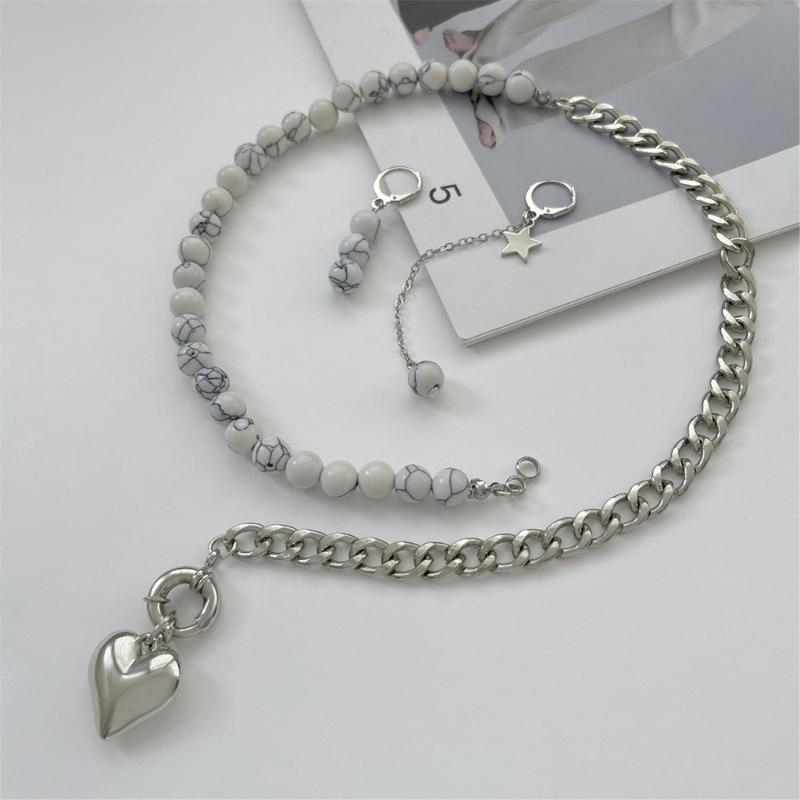 Retro Layer Earrings and Necklace With Bohemian Heart Pendant Pearls Choker And Cuban Chain Jewelry For Women Girls