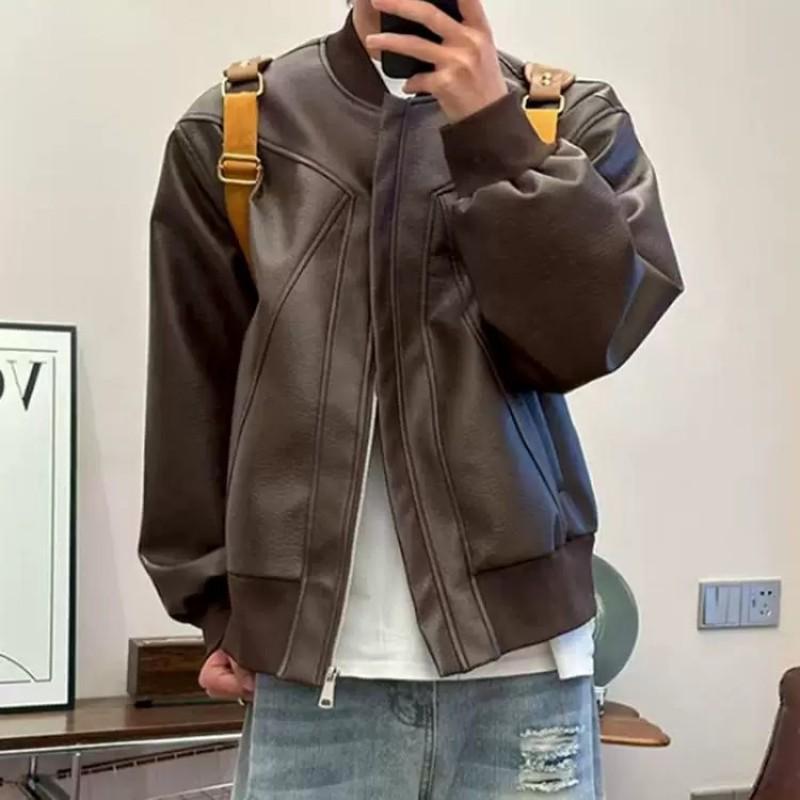 Mens Short PU Leather Harrington Jacket Casual Loose Fit Trendy Streetwear Teens