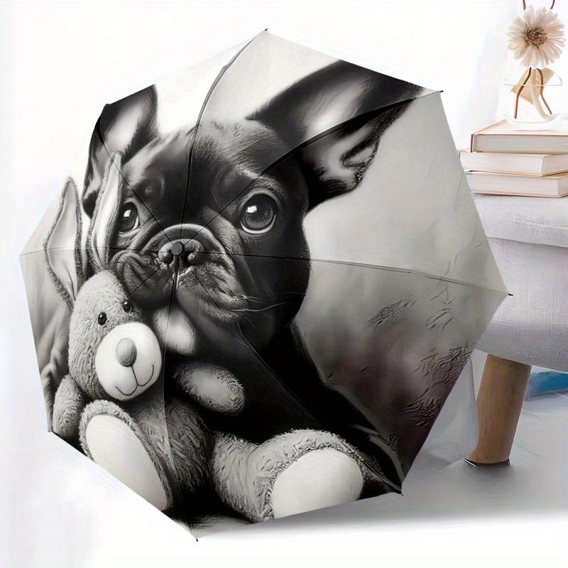 1pc French Bulldog & Teddy Bear Print Umbrella - Automatic Foldable Travel Umbrella with 8-Rib Design, Durable Plastic & Iron