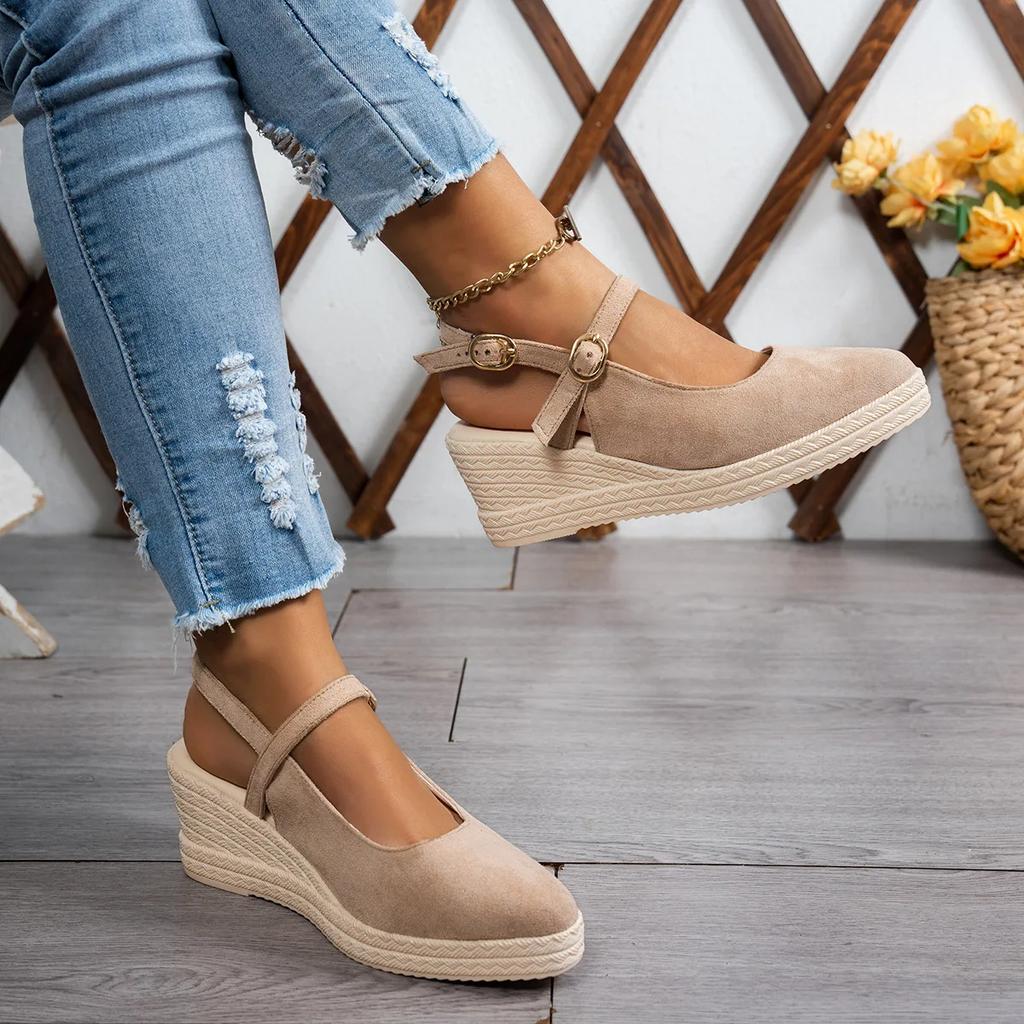 Жіночі ткані танкетки товсті підбори сандалі жіноча платформа сандалі весна нові замшеві високі підбори загострений ремінець модне взуття на товстій підошві