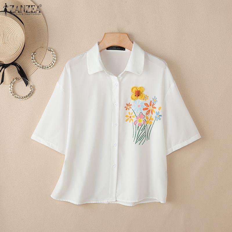 ZANZEA Women Casual Turn Down Collar Loose Floral Print Half Sleeve Blouse