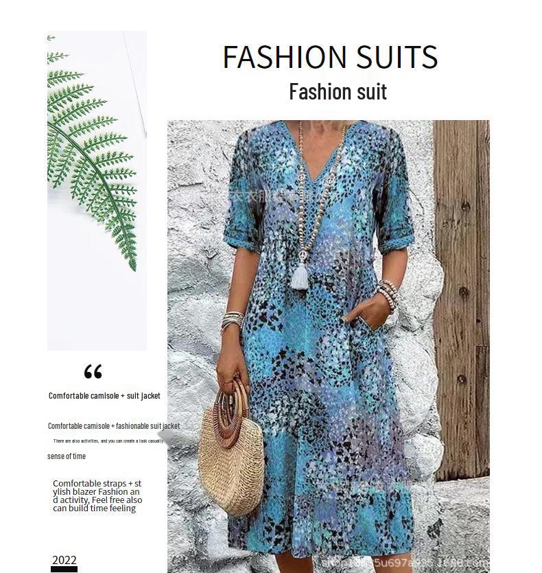 Women's V-neck Casual Summer Pocket Dress - New Print