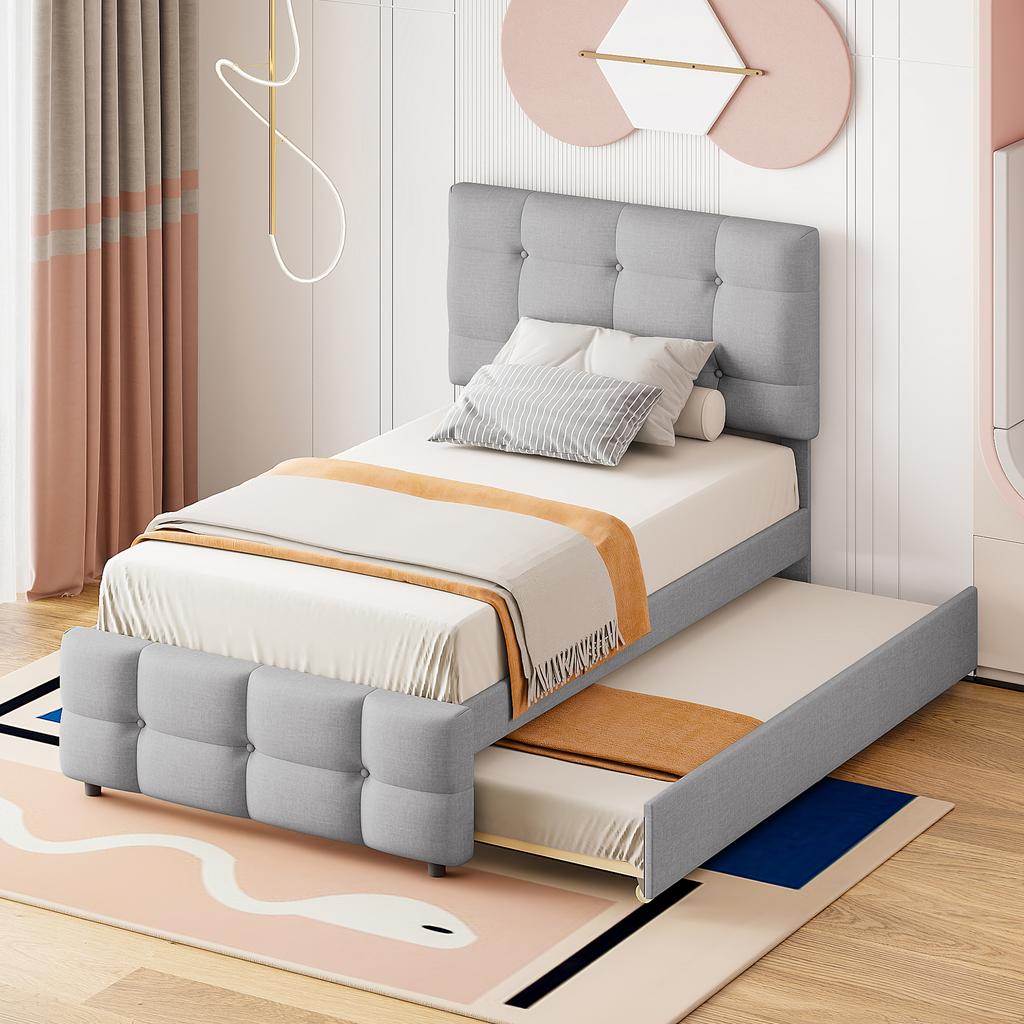 Upholstered Bed 90 X 200 Cm, Pull-out Children's Bed, Adjustable Headboard, Skin-friendly Linen Upholstery, Flat Single Bed Youth Bed Guest Bed (Grey)