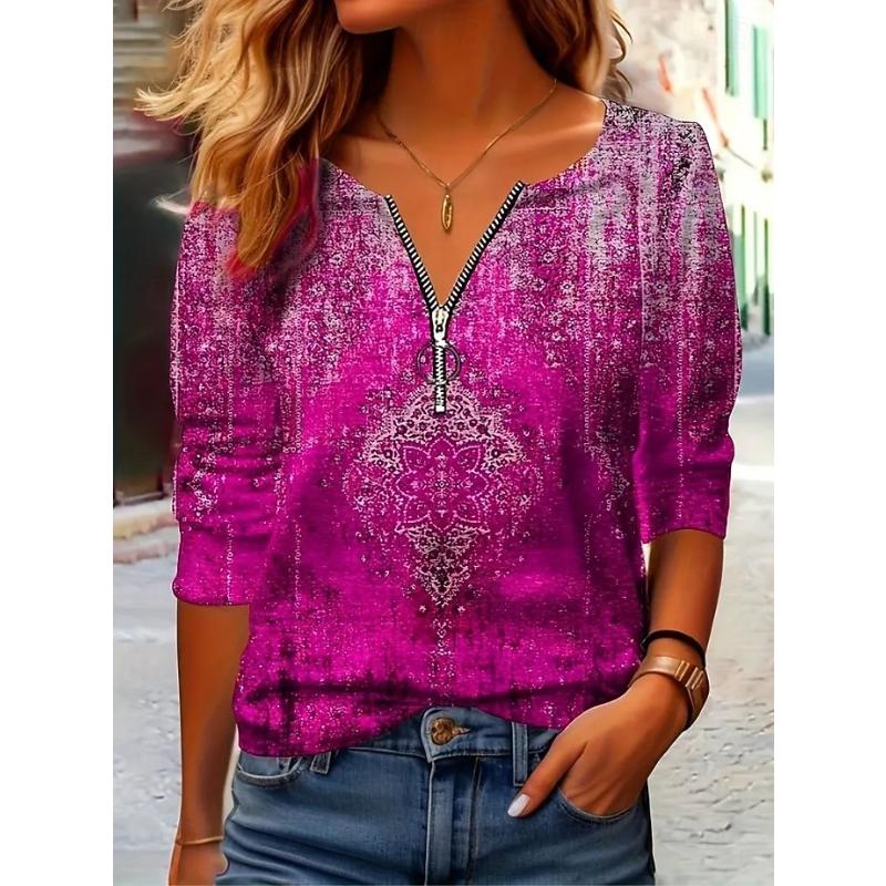 

Women s T shirt Long Sleeve Quarter Zip Long Sleeve Casual Graphic Color Gradient Abstract Bohemia Vintage Stylish V Neck 5XL
