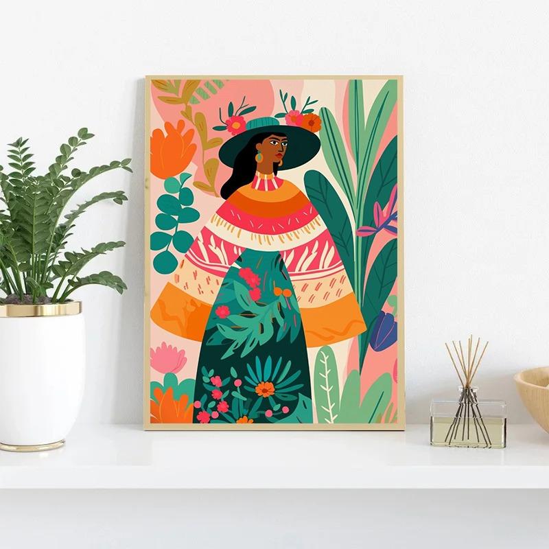 Woman Flower Plants Ethnic Latinx Poster Print Canvas Painting Latina Eclectic Maximalist Wall Art Picture for Room Home Decor