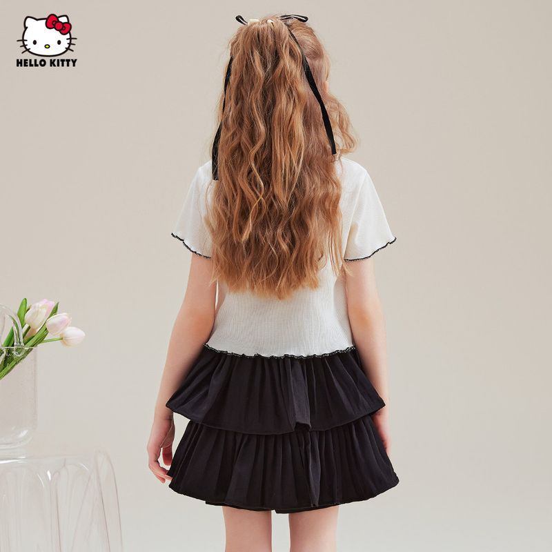 Hello Kitty Girls Summer Suit 2025 New Sweet and Cool Korean Style Cartoon Kidsren's Short-Sleeved Skirt Two-Piece Set