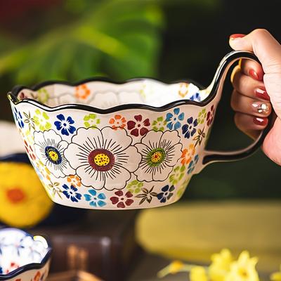 Bol en Céramique Japonaise Peint à la Main avec Poignée - Passe au Micro-ondes - Parfait pour les Nouilles, les Salades et les Fruits du Petit-déjeuner