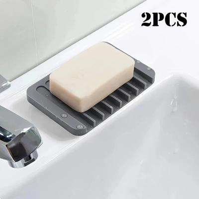 2Pcs Multifunctional Self Draining Soap Dish Holder Silicone Creative Soap Container Solid Color Portable Soap Plate Home Decor