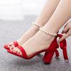 7cm Thick Heel Shallow Mouth One-length Strip Suede Sandals Round Toe Square Root Sandals Beaded Streamers Summer Sandals for Women