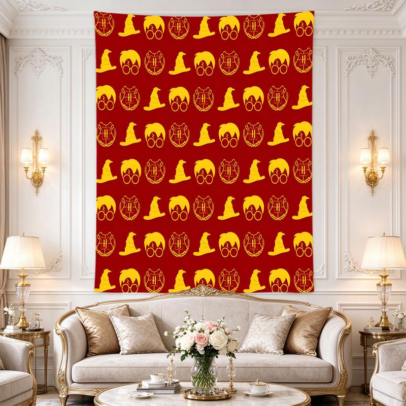 Hanging Tapestry for Wall Decor Gold Wizard Icons Glasses Sorting Hat and Crest On Red Seamless Pattern for Adult Magic Fan Decor
