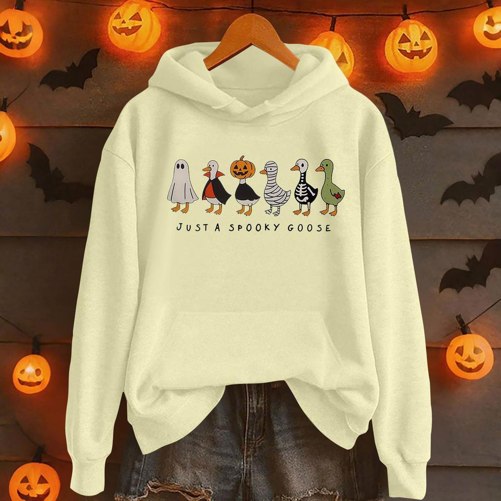 Damemote Casual Langermet trykt Rundhals hettegenser Pullover Topp med lommer