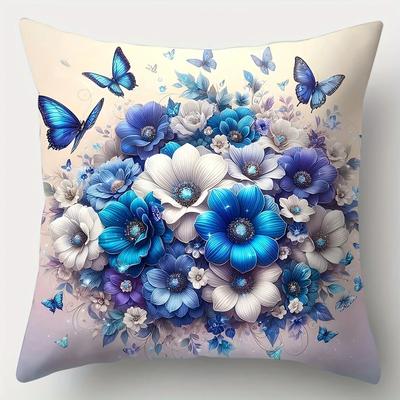 Blue and White Floral Butterfly Pattern Home Decor Pillowcase Living Room Sofa Polyester Cushion Cover with Zipper