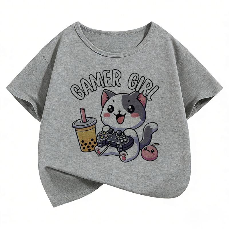 Funny Gamer Girl Cat Print Kids Short Sleeves T-Shirt Loose Casual Summer Outdoor Street Boy and Girl Tees Tops