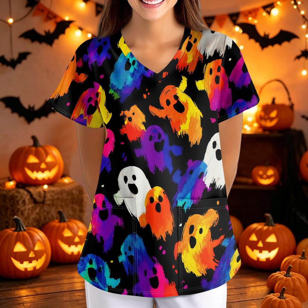 Halloween Print Loose Fit V Neck Short Sleeve Medical Scrub Top with Pockets for Women Nurses Caregivers Workwear