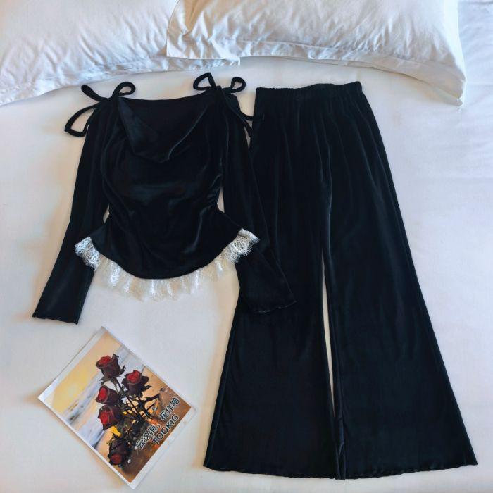 Women's French Lace Floral Long Pajama Set - Sea Island Velvet, Long Sleeve & Pants for Seasons