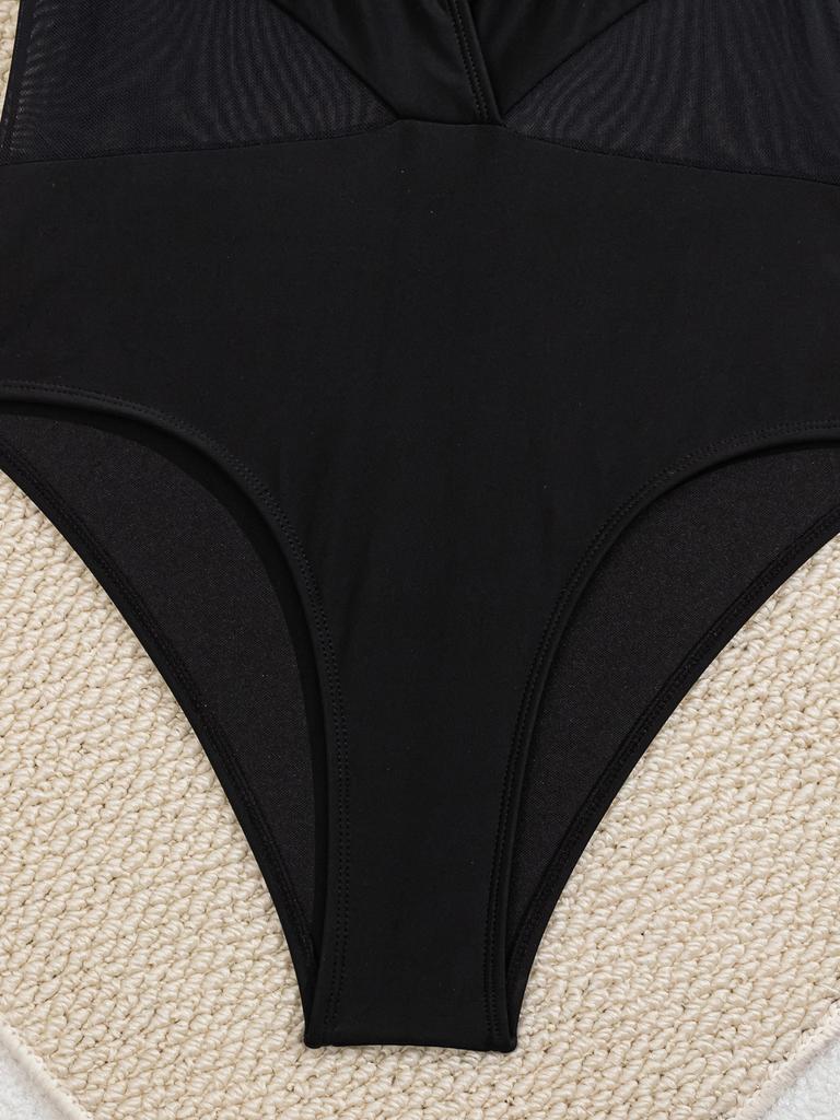 Damen Schwarz Gespleißtes Mesh Einteilige Badeanzüge Bikini Anzüge Strandbekleidung Badeanzüge