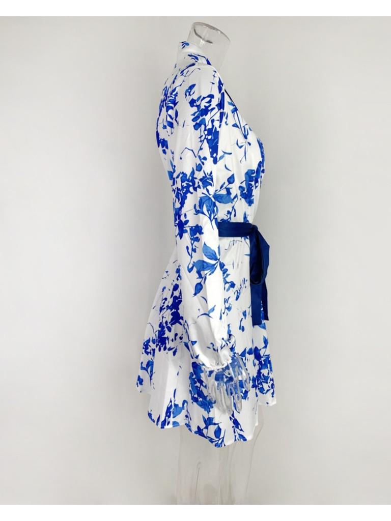 LaAe Up Print Mini Dress Women Fashion V-neck Long Sleeve Dresses for Women OffiAe Elegant A-line Robe Red