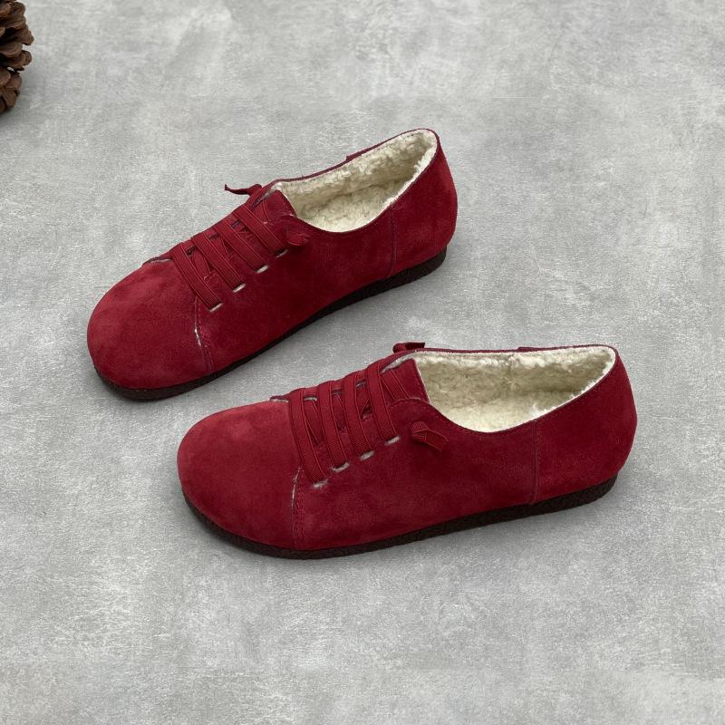 Johnature Retro Plüsch Damenschuhe Rinds Wildleder Flachboden Wildleder Lässig Elastisches Band Warme Baumwollschuhe
