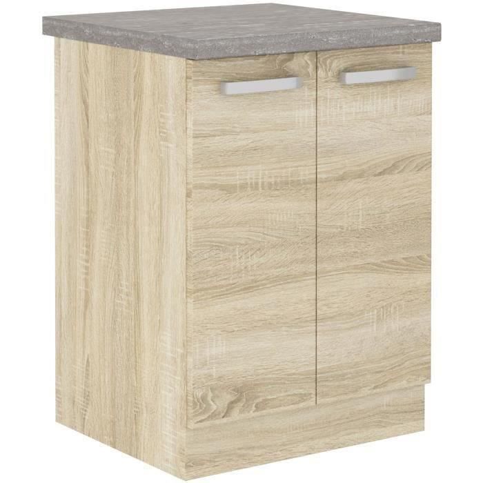 Meuble bas 2 portes battantes - Décor chêne sonoma - L 60 x P 51,6 x H 85 cm - LASSEN