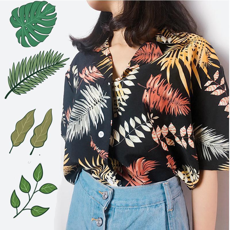 Ladies Summer Bohe Shirt - Oversized Short Sleeve Button Down Flower Printed Top for Casual Layering