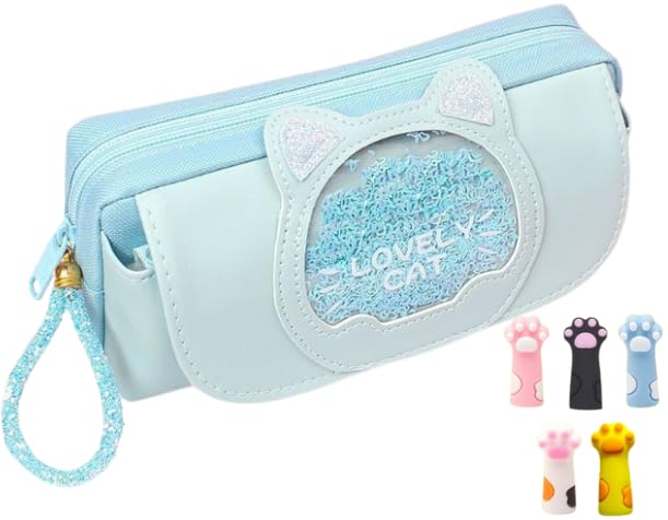 

HODAKy Блестящий карандаш Милые и стильные канцелярские товары для начальной школы Идеально для поступления в школу Дизайн с кошкой Включает 5 милых колпачков для карандашей в виде кошачьих лапок синий