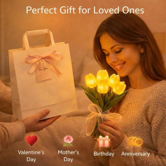Yousheng Tulip Night Light Bouquet, Glowing Artificial Flowers with Petals, Handheld LED Lamp for Home Bedroom Decor, Valentine's Day Gift for Women