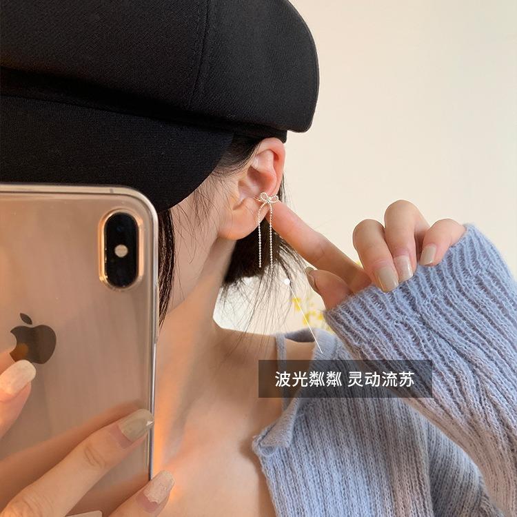 925 Silver Bow Tassel Clip Earrings for Women Light Luxury Fine Jewelry Minimalist Elegant Accessories