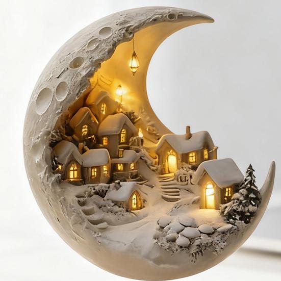 Yousheng Snow House Moon Acrylic Ornament 2D Flat Half Moon Table Sign with Base Home Office Desktop Decoration Ornament
