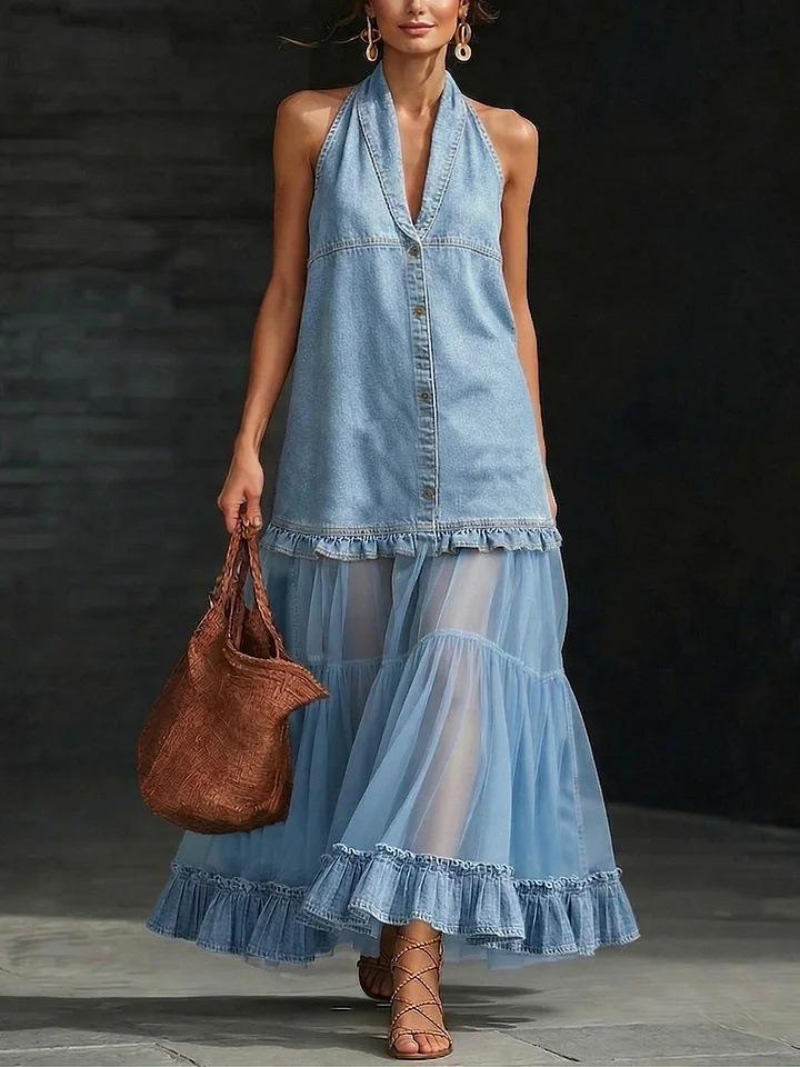 Women Halter Neck Denim Mesh Patchwork Maxi Dress Button Front Ruffle Hem Summer Dress