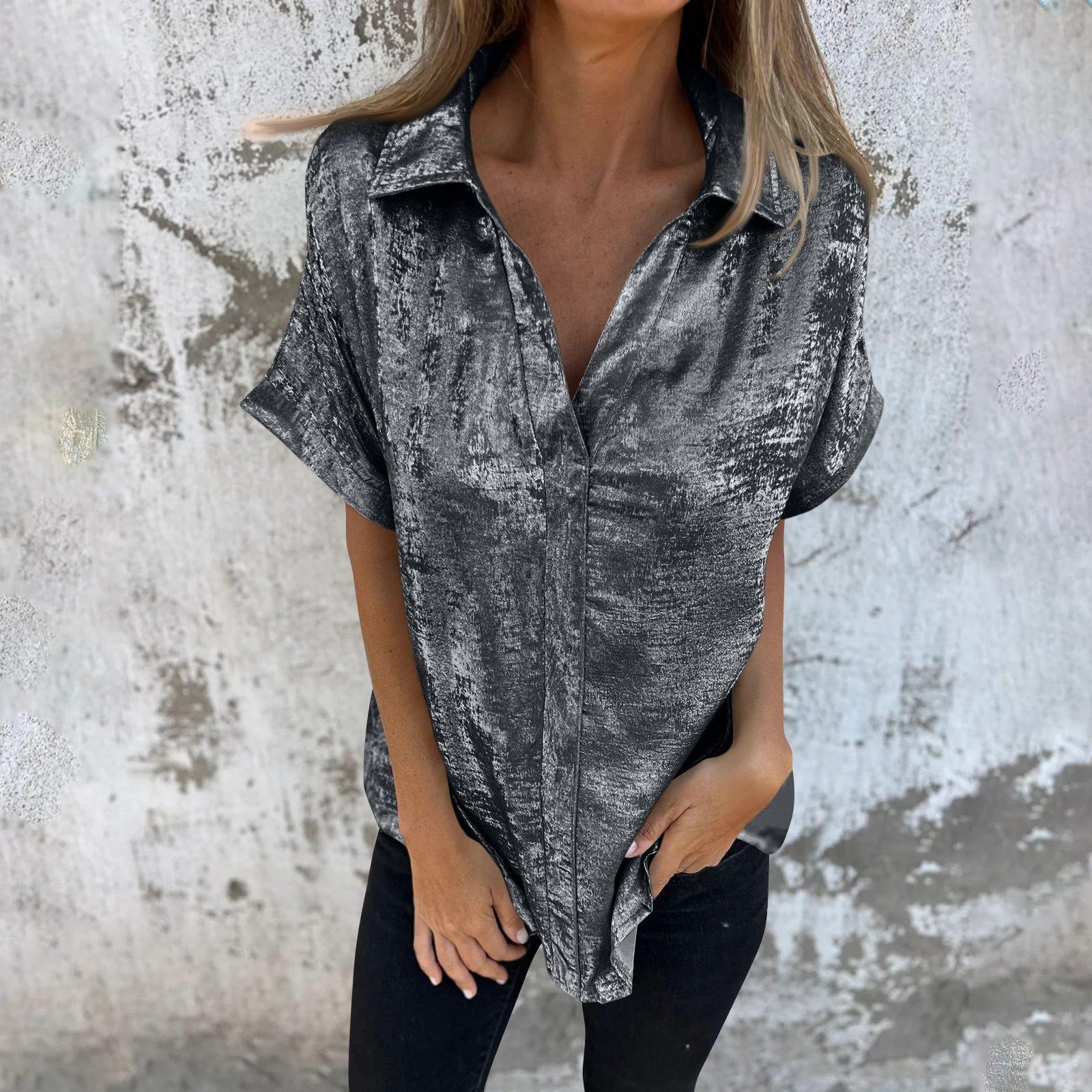 Women s Fashion Color Lapel Short Sleeved Loose Pullover Shirt Top XXL
