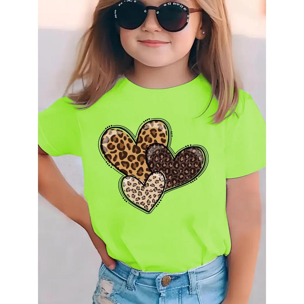 Dětské tričko s potiskem srdíček Leopardí láska Srdce Trendy Roztomilé Letní Top s kulatým výstřihem Módní Grafické tričko s krátkým rukávem Oblečení