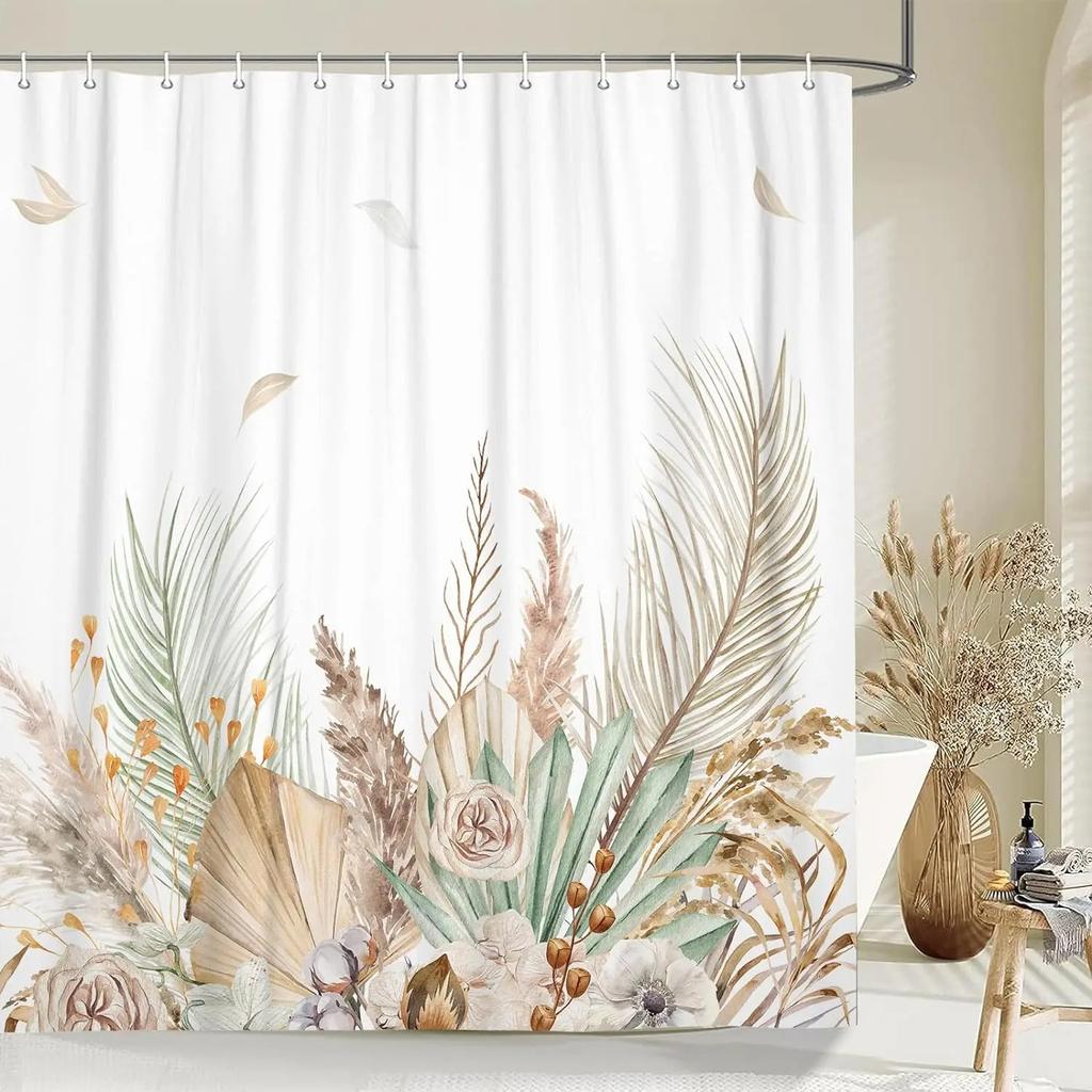 Boho Leaves Shower Curtain Tan Leaf With Floral Decorative Bath Curtain Polyester Fabric Waterproof Bathroom Curtain With Hooks