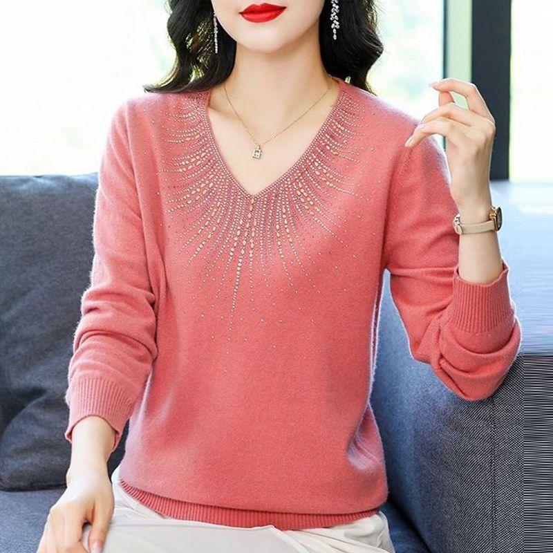 Autumn Women's Plus Size Sweater Loose V-neck Knitwear Rhinestone Pullover Knit Top Stretch Jumper