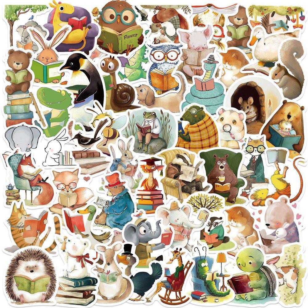50pcs/pack Cartoon Cute Animal Reading Stickers Pack Phone Suitcase Computer Laptop Journaling Materials DIY Handmade Sticker