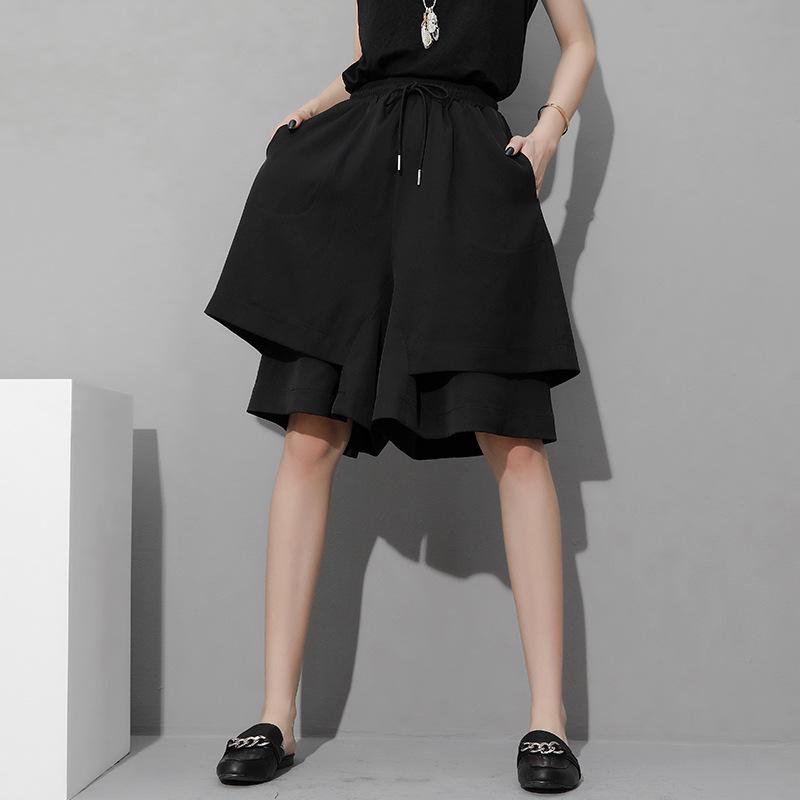 

Европейские и американские женские модные брюки с неровным краем, свободного кроя, с эластичной талией на кулиске и широкими штанинами для лета L (60-70 kg) чёрный