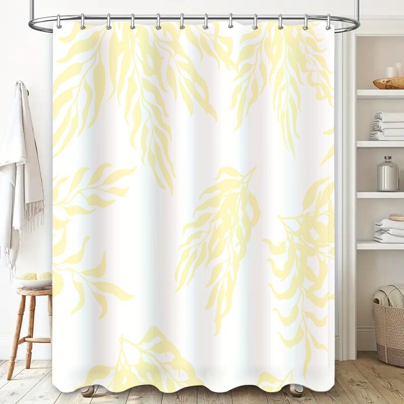 White Shower Curtain with Leaf Print Bath Decor for Home Use