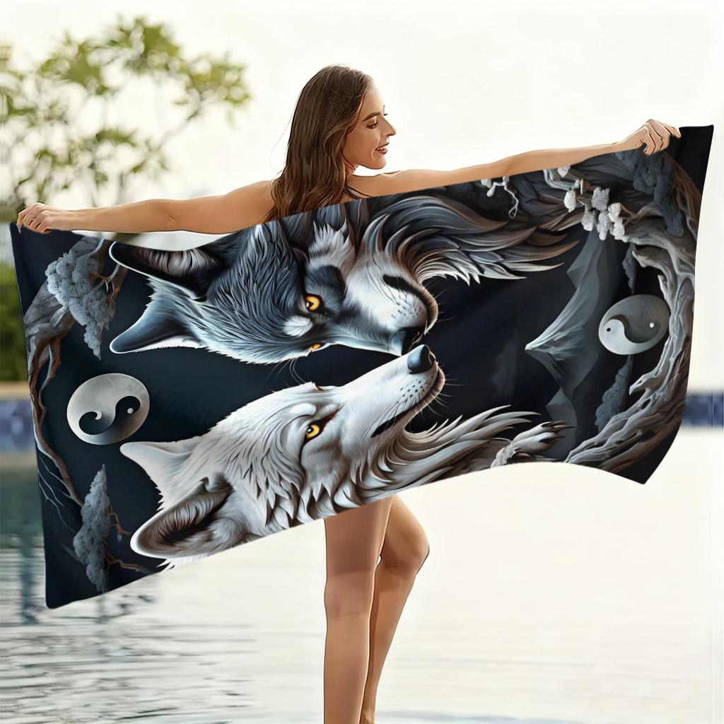 1PC Doble Lobo Tai Chi Toalla de Playa Toalla de Secado Rápido Adecuada para Playa Piscina Camping Vacaciones Yoga Para Familia Amigos